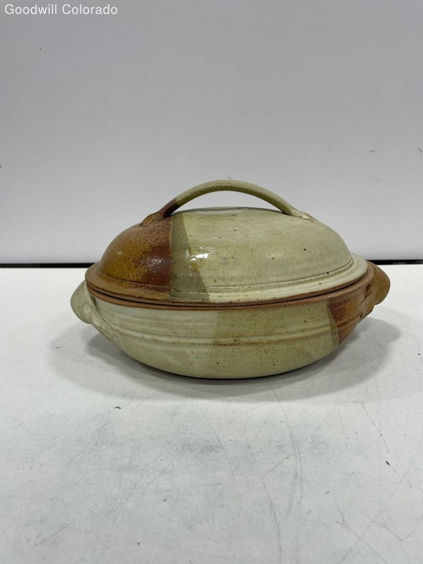 KH Covered Casserole Dish Brown Beige Handmade Pottery Lidded Bakeware