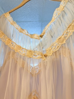Vintage Blue Nylon Chiffon Peignoir Set Lace Robe Crystal Pleat Slip Nightgown