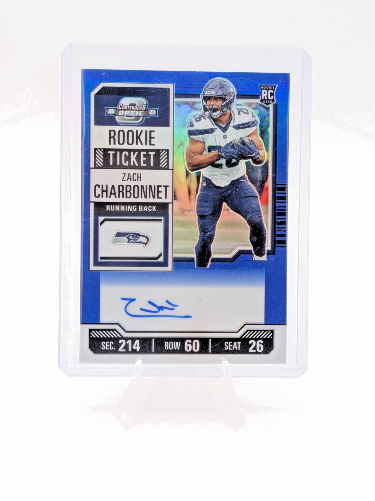 2023 Panini Contenders Optic Zach Charbonnet Blue Rookie Ticket On Card Auto /75