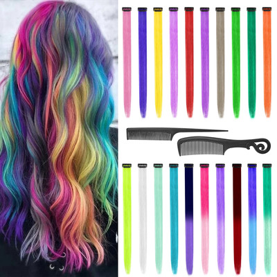 Rainbow Straight Synthetic Clip in Hair Extensions with 2 Combs, 22 Inch 20 Pcs 