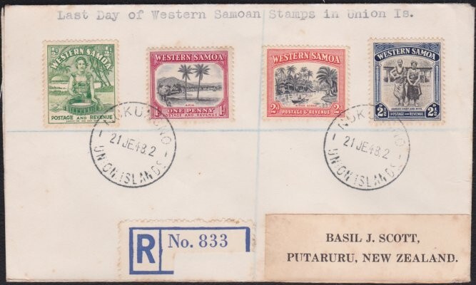 TOKELAU IS 1948 cover - last day of Samoa PO - Registered Nukunono.........B3837