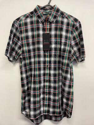 MUSTO MENS CASUAL PURE COTTON SS SHIRT IN BLACK CHECK, SIZE S BNWT (S022)
