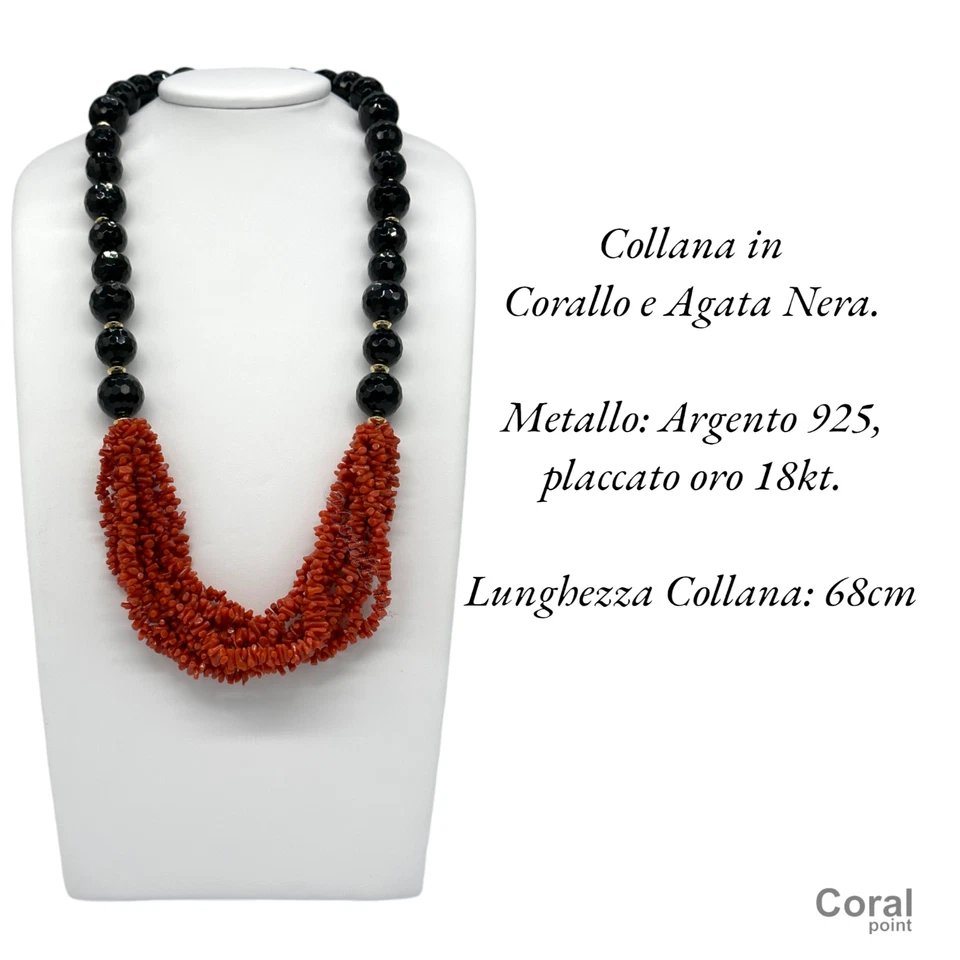 COLLANA AGATA NERA CON CORALLO MULTIFILO E ARGENTO - Immagine 4 di 4
