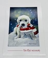 Vintage Christmas Card “Warmest Thoughts & Best Wishes” Puppy Scarf Paint Art P4