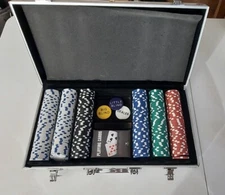Aluminum Gambling Case With Poker Chips, Three Dealer Tokens And A Pack Of Cards
