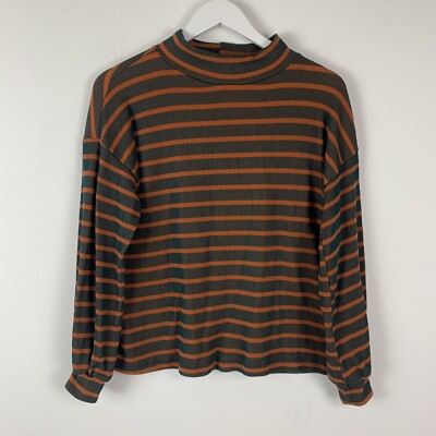 Ginger G Womens Small Mock Neck T Shirt Top Ribbed Long Sleeves Striped