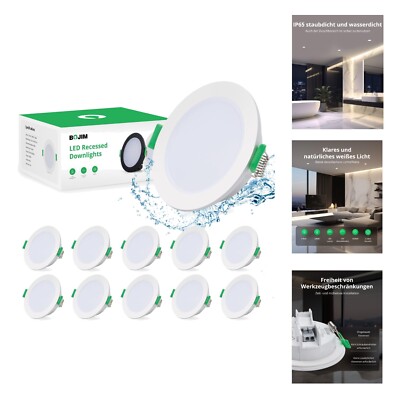 LED Recessed Spotlight, 230 V, 68 mm, 10 x LED Bathroom Spotlights, IP65, 5 W...