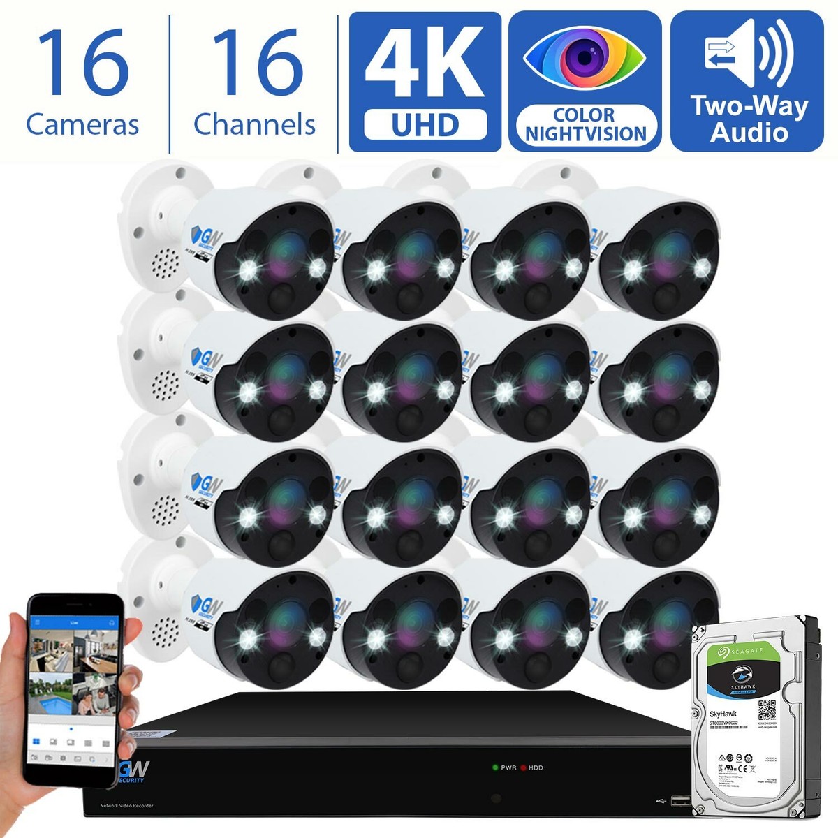 Ai Detection Cameras GW Security 16 Channel 12MP NVR System With 12x ...