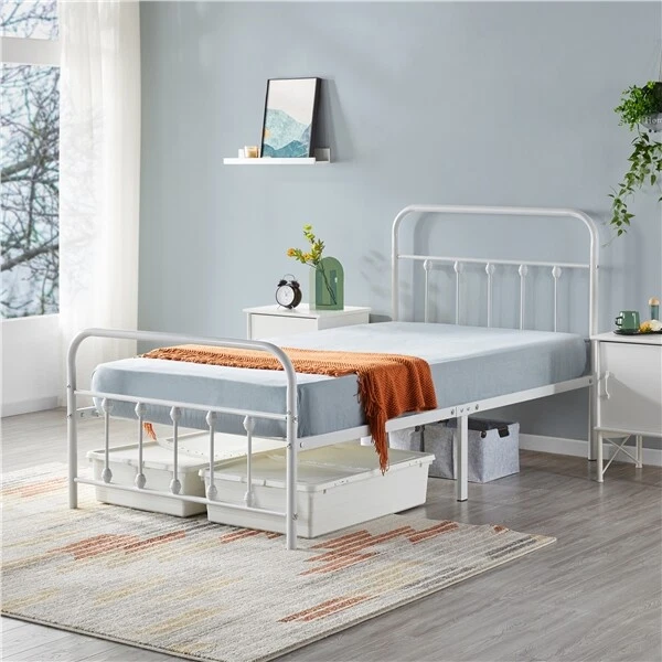 Black/White/Silver Classic Metal Platform Bed Frame w/ Headboard and Footboard - Image 2 of 4