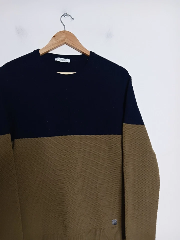 Versace Collection Knit Men S Small Brown Navy Blue Colour Block Jumper Pullover - Image 2 of 4