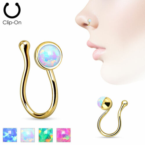 Gold Plated Opal Gem Clip On Nose Ring Stud Fake Piercing - Picture 1 of 1