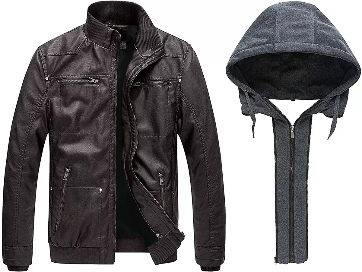 Wantdo Men\'s Faux Leather Jacket with Removable Hood Motorcycle Jacket  Casual Vi | eBay