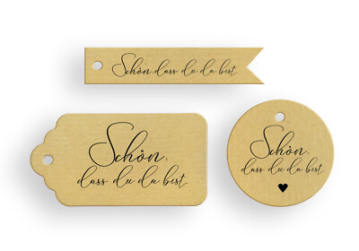 10 ''Schön, dass Du da bist'' Geschenkanhänger Hochzeit, Kommunion / Kraftpapier