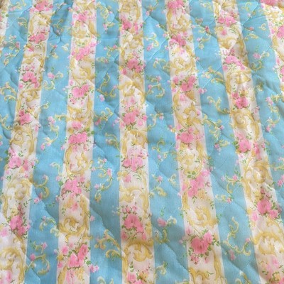Vintage Pre-Quilted Fabric Aqua Stripe Bright Pink Floral 2 Yard 26 In  x 45 In