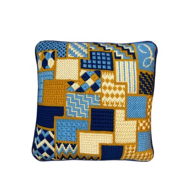 Vintage 70s Handmade Bargello Needlepoint Harvest Gold Blue Throw Pillow Velour