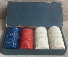 99 Vintage Atlas Tack Corp Bakelite Poker Chips Red White  Blue w/Original Case