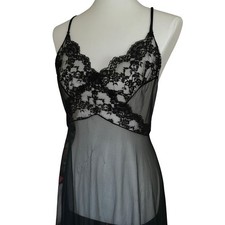 Vintage Sheer Black Lace Maxi Nightgown - Lingerie Slip, Large