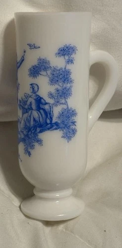 Vintage 1980’s, Blue And White Avon Milk Glass Vase With Handle