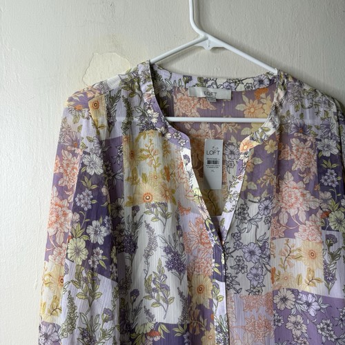 Loft Purple Patchwork Floral Lined Long Sleeve Shirt Dress Size XL NWT - Picture 2 of 6