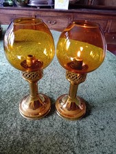 Vintage English Brass Mason "Constant Flame" Candle Lamp with Amber Glass Shade