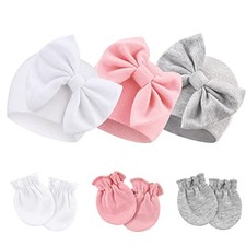 BQUBO Newborn Girls Hats Baby Hat and 0-6 Months 3 Sets A: Bow Hats  Mittens