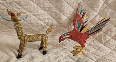 Lot 2 Alebrije Wood Handmade Mexican Folk Art Rooster Deer Painted Colorful