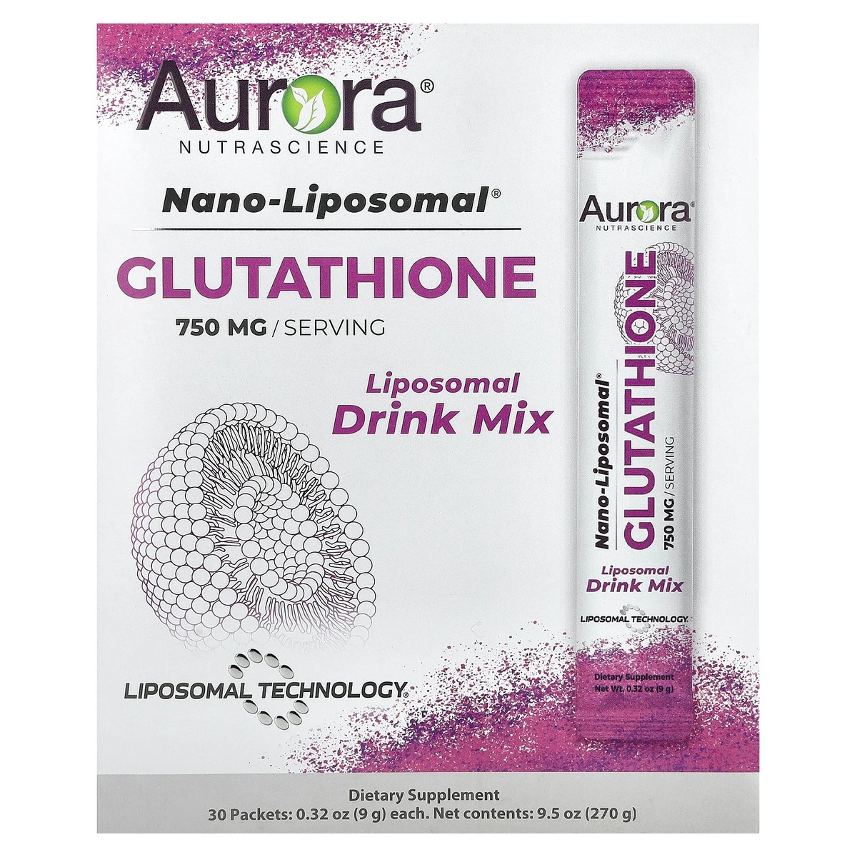 aurora l glutathione Nano-Liposomal®, Glutathione, Liposomal Drink Mix, 30 Packets, 0.32 oz (9  g)