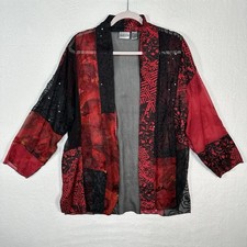 CHICO'S Silk Blend Patchwork Kimono Jacket Red Black Sequin Embroidered Boho M