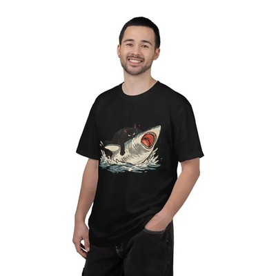 Cat Tee Shark Attack Shirt Funny Chaotic Black Cat Graphic T-Shirt