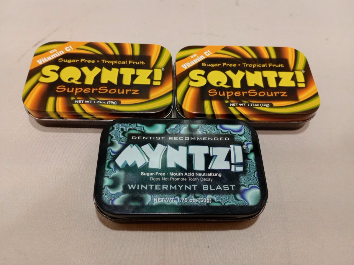 mintsフリー Lot of 3 MYNTZ! & SQYNTZ! Super Sourz Sugar Free MINTS tins