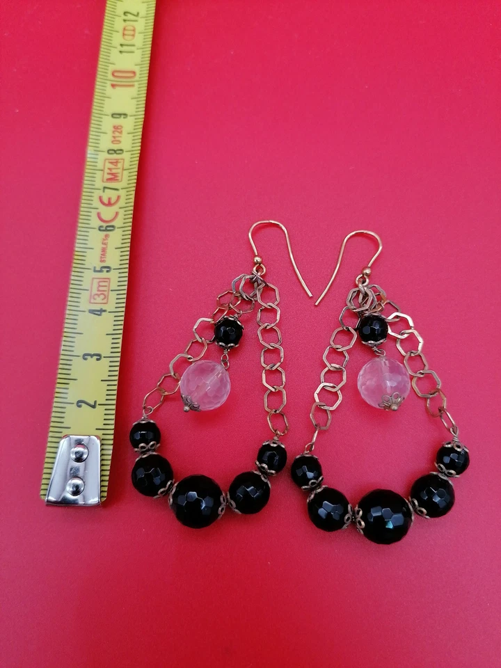 Pendientes de Mujer Plata Chapada en Oro Ónix Negro Cuarzo Rosa Colgantes - Imagen 4 de 4