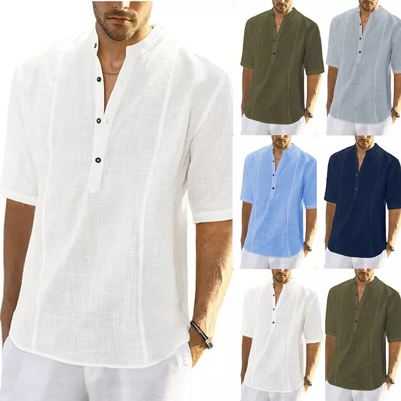Men s Summer Cotton Linen Half Sleeve T Shirt Thin Breathable Pullover Tunic Top eBay