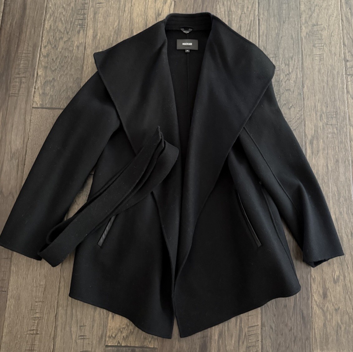 NEW MACKAGE AZARA Black Wool Coat with Belt Size Large $650