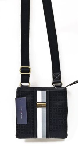 NEW TOMMY HILFIGER BLACK CANVAS+BLACK,WHITE,GRAY STRIPED,GOLD ACCENT CROSSBODY - Picture 3 of 9