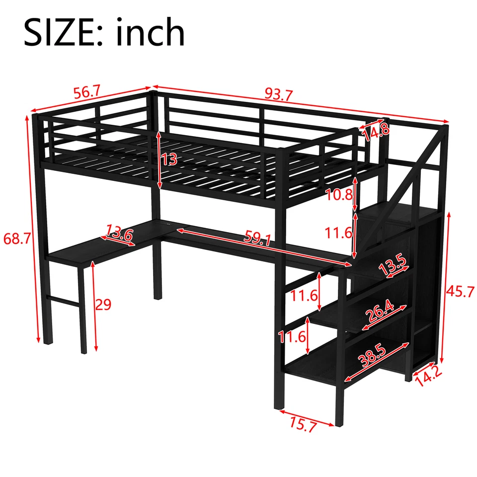 Full Size Loft Bed with L-shaped Desk Wardrobe USB Metal High Loft Bed Frames - Image 3 of 4