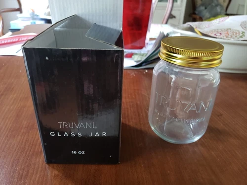 Truvani glass jar gold New In Box Great Smoothies or Storing any food inside