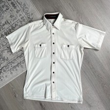 Vintage 1970s 80s Mens Leisure Shirt 15.5 Cream Brown Disco Groovy Mod Retro