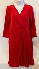 Michael Kors S Red Stretch V Neck Crossover Gold Accent 3/4 Sleeve Wrap Dress