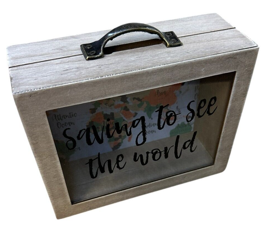 Saving To See The World Piggy Bank Great Gift Travel Map Suitcase Money