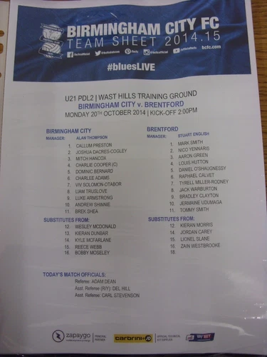 20/10/2014 Birmingham City U21 v Brentford U21 [At Wast Hills] (Colour Single Sh