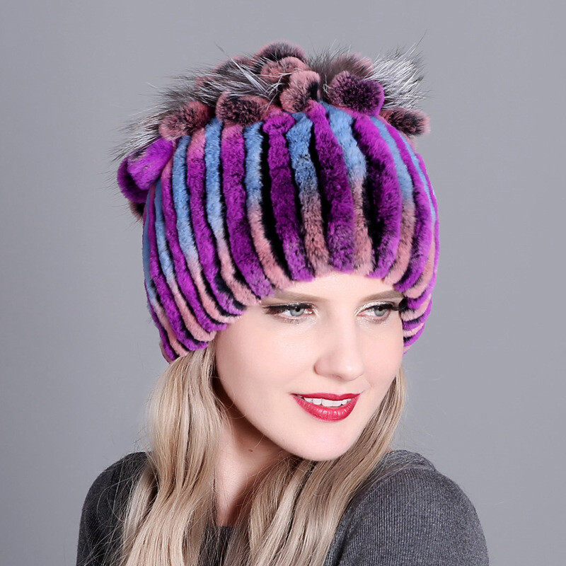 Winter Womens Real Rex Rabbit Fur Knitted Beanie Hat Warm 