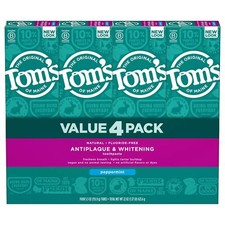 TOM'S Fluoride-Free Antiplaque Whitening Toothpaste, Peppermint 5.5 Oz.,4 Pk