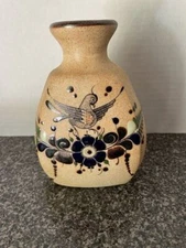 Tonala Mexican Pottery Vase Handpainted Bird Flowers Vintage