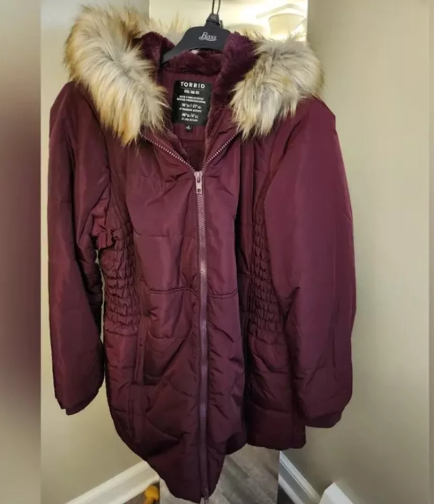 Torrid Fit Flare Puffer Jacket Coat Burgundy Women s Plus 3x Removable Hood
