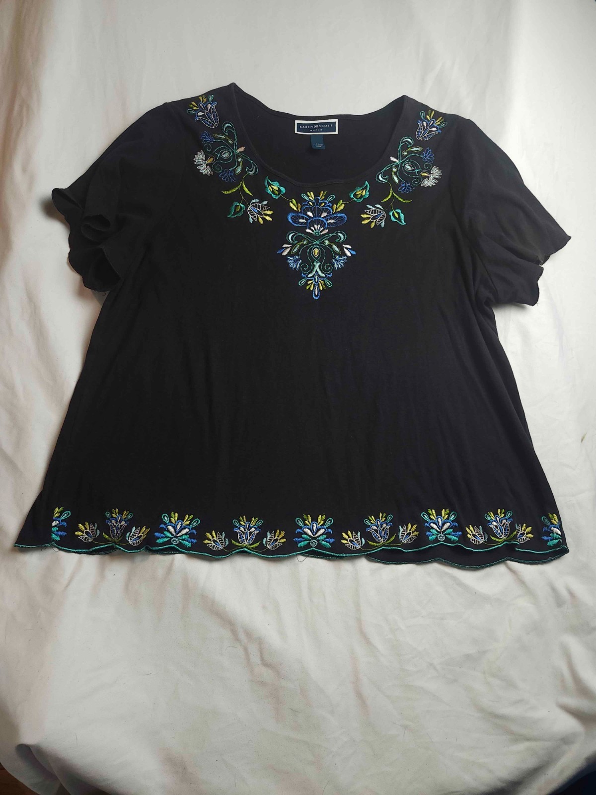 Karen Scott Top Womens 2X Black Floral Embroidered Coastal Grandma Cottagecore