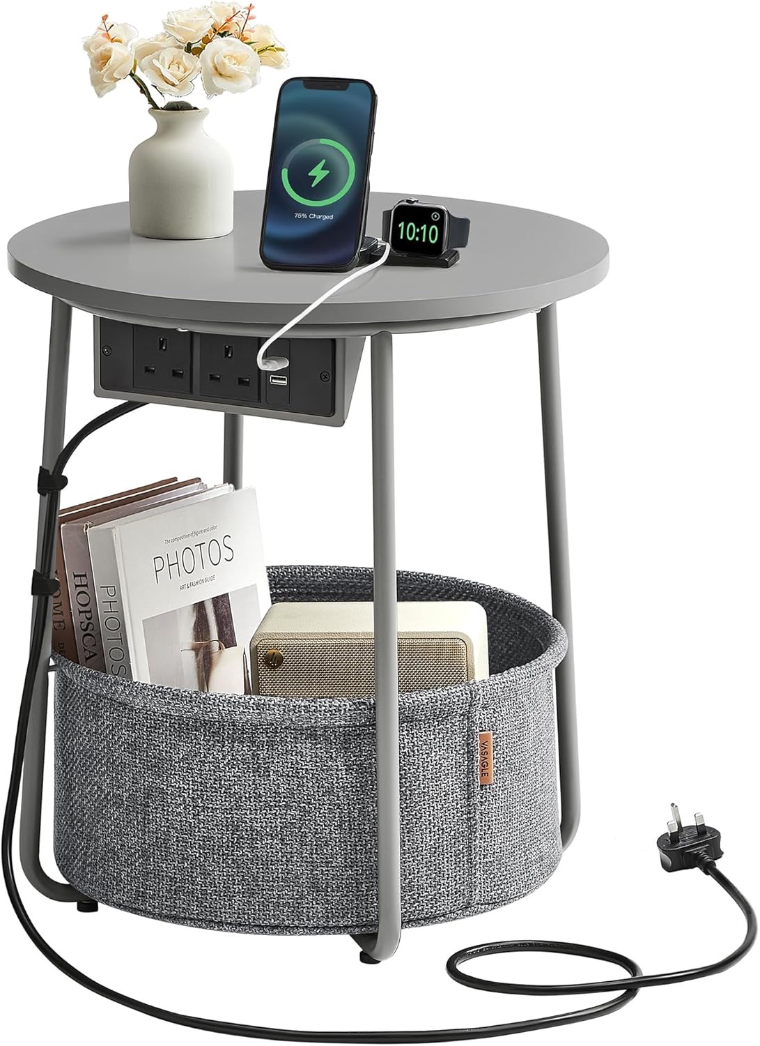 VASAGLE Side Table with Charging Station, Round End Table with Power Outlets, US