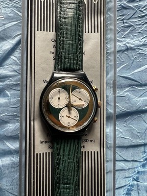 Swatch Chrono Quartz Wristwatch Green Leather Strap Black Gold Case