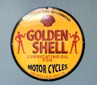 VINTAGE GOLDEN SHELL MOTOR CYCLES GASOLINE OIL GAS PUMP STATION PORCELAIN SIGN