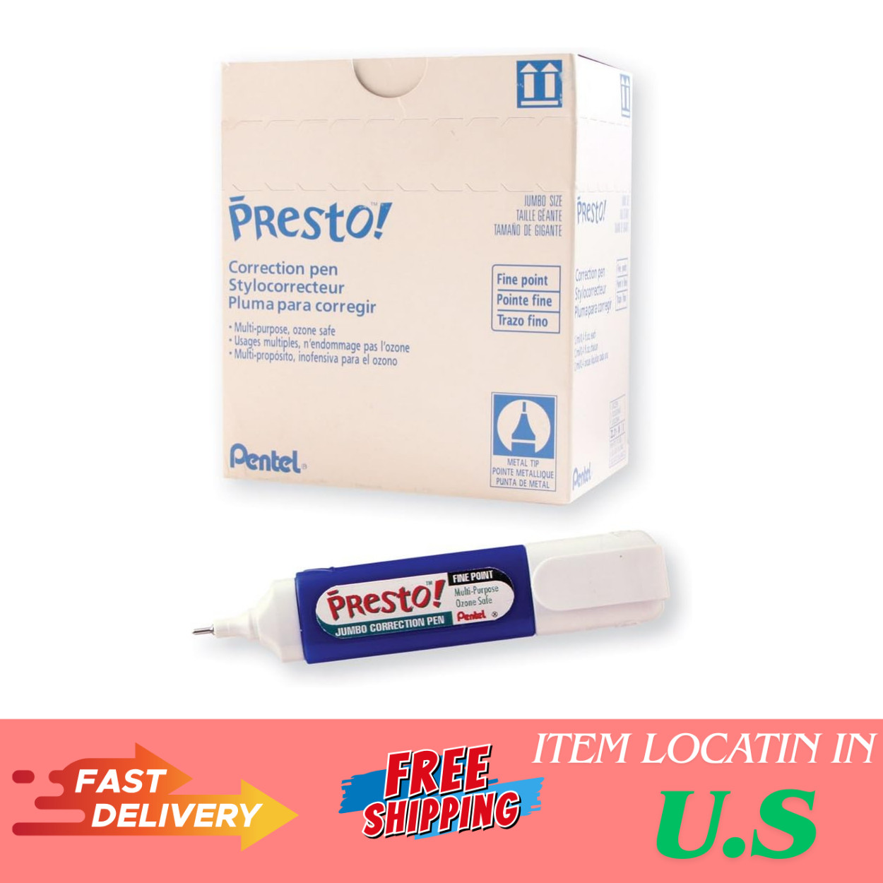 Jumbo Correction Pen, Fine Point, Metal Tip, Box of 12 (ZL31-W)