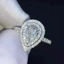 3Ct Pear Cut Lab Created Diamond Double Halo Wedding Ring 14K White Gold Finish